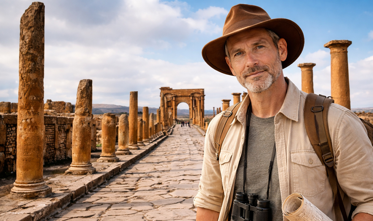 AI-generated image of an archaeologist at the ruins of Timgad.
