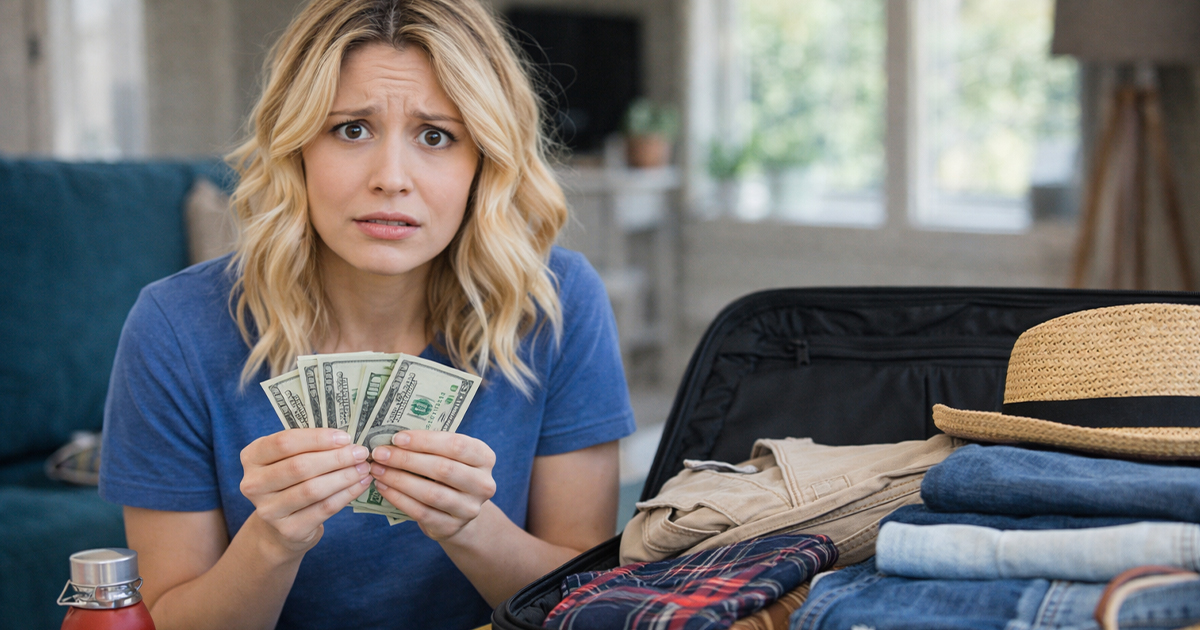 Concerned blonde woman packing and counting money for a trip