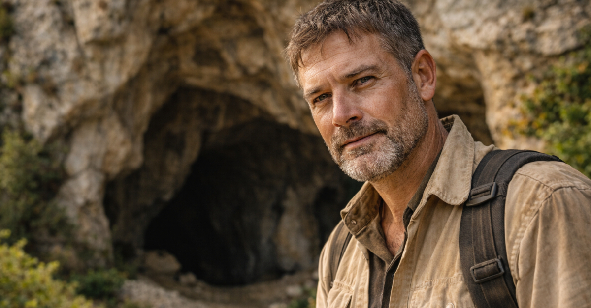 Archaeologist at the cave entrance