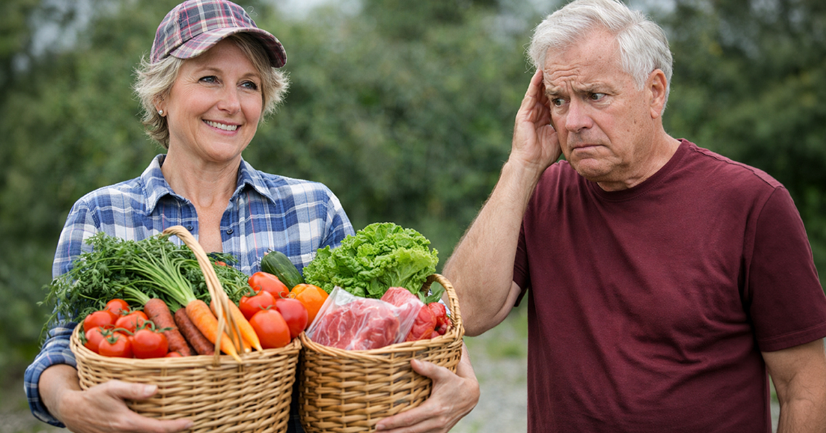 A woman holding baskets full of fresh produce and a concerned man standing beside her