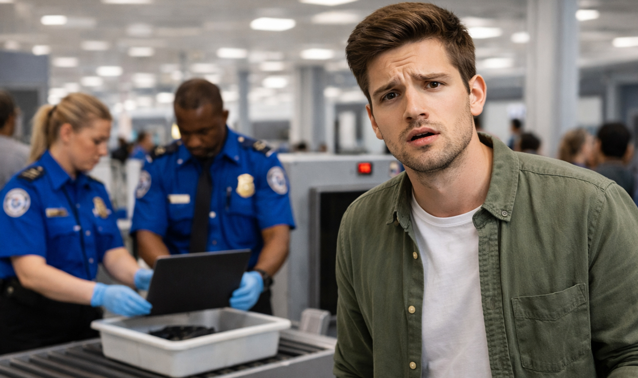 AI-generated image of a man at airport security getting his laptop checked by TSA