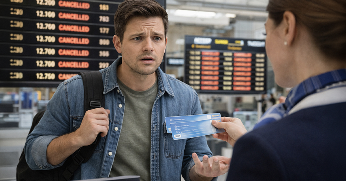 Confused man standing in an airport.