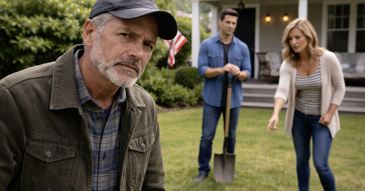 A concerned man with two people behind him holding a shovel and pointing to the ground.