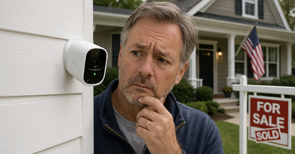 Concerned man looking closely at a security camera attached to his home.