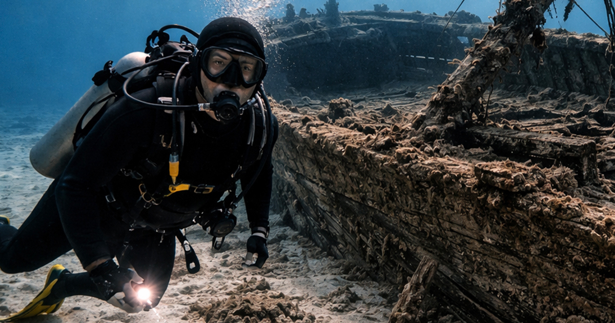 Diver beside a shipwreck