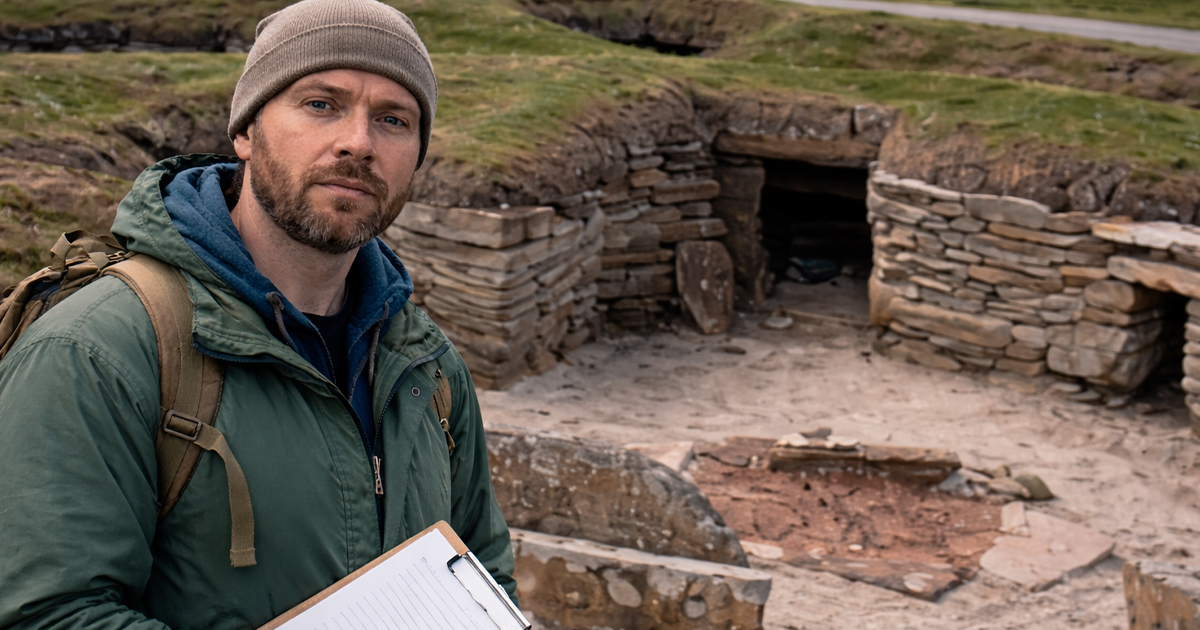 Man in green jacket standing in front of Skara Brae.