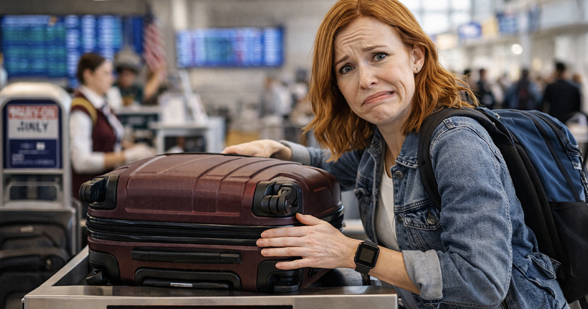 Red headed woman in an airport with luggage.