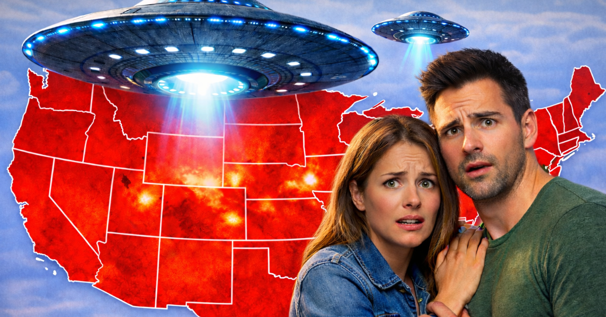Couple faces UFOs over glowing map
