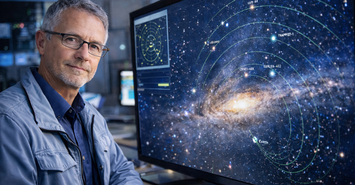 Scientist observing the galaxy map