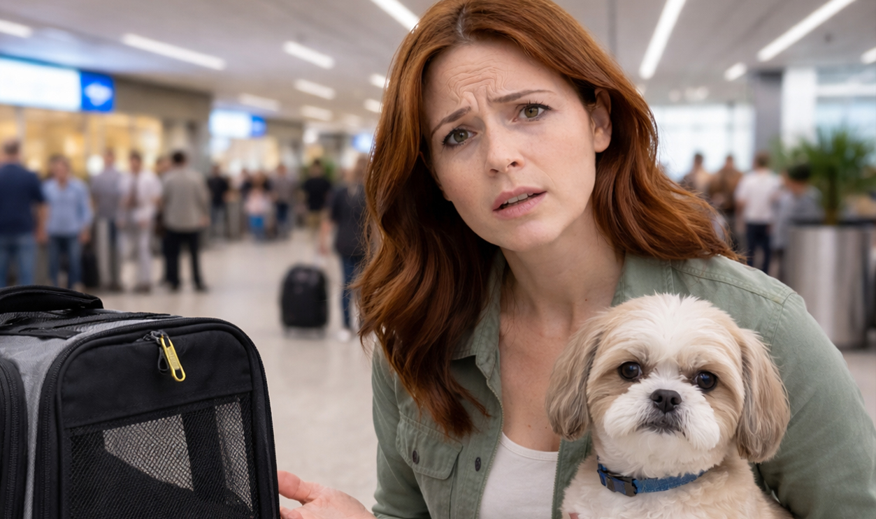 AI-generated image of a woman preparing to board a flight with her dog.