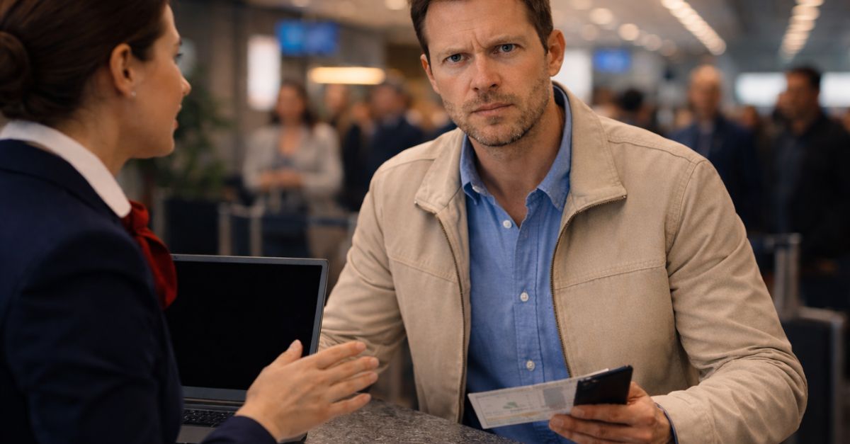 Frustrated man at airport check-in counter