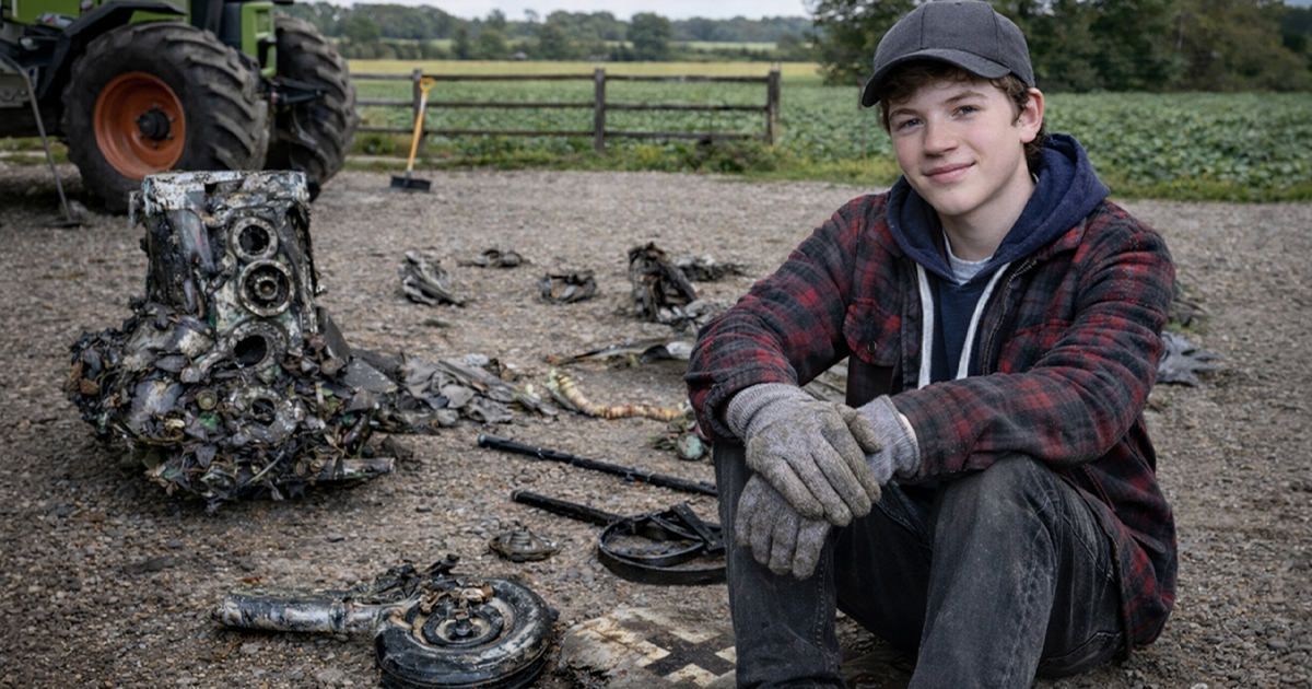 Teen boy sitting beside pieces of a WWII plane wreckage