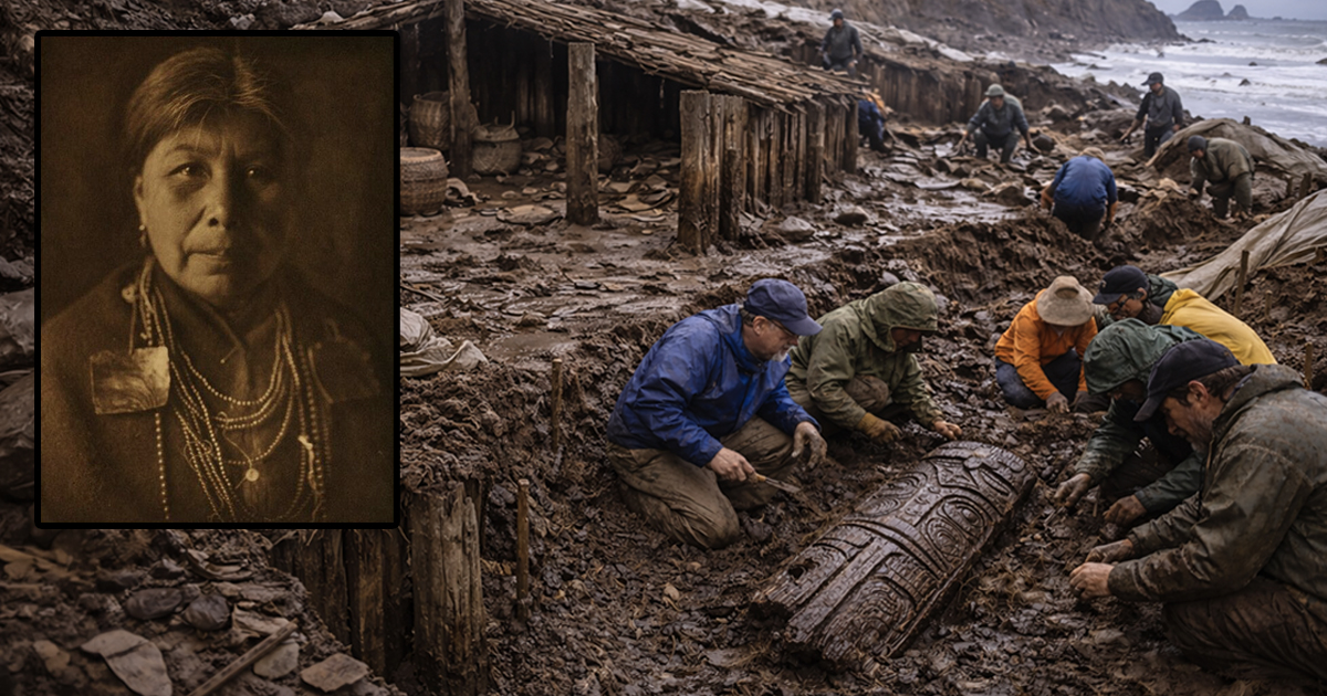 Muddy beach excavation with insert of Makah tribe woman.