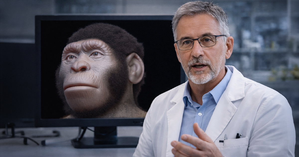 Scientist with an ancient human species on a screen behind him