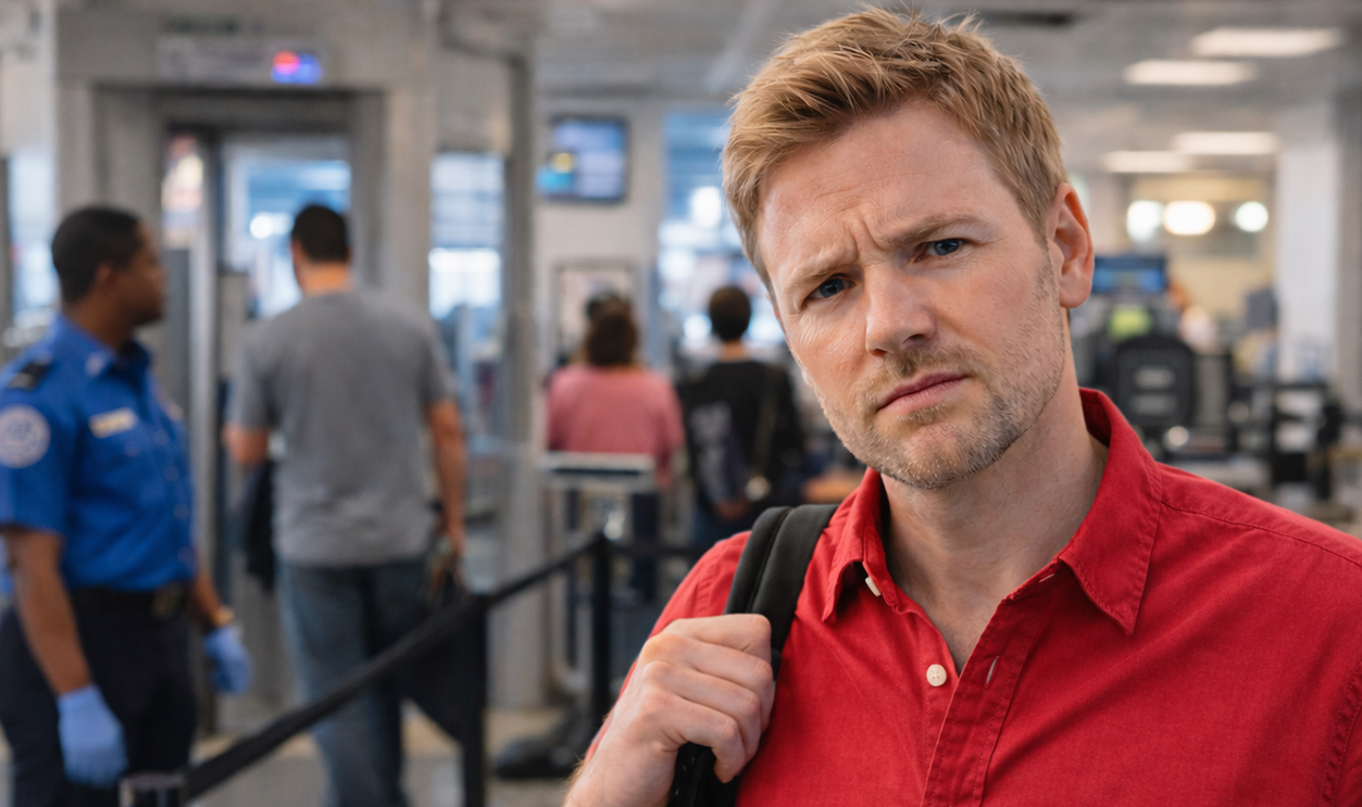 AI-generated image of a man concerned about TSA PreCheck