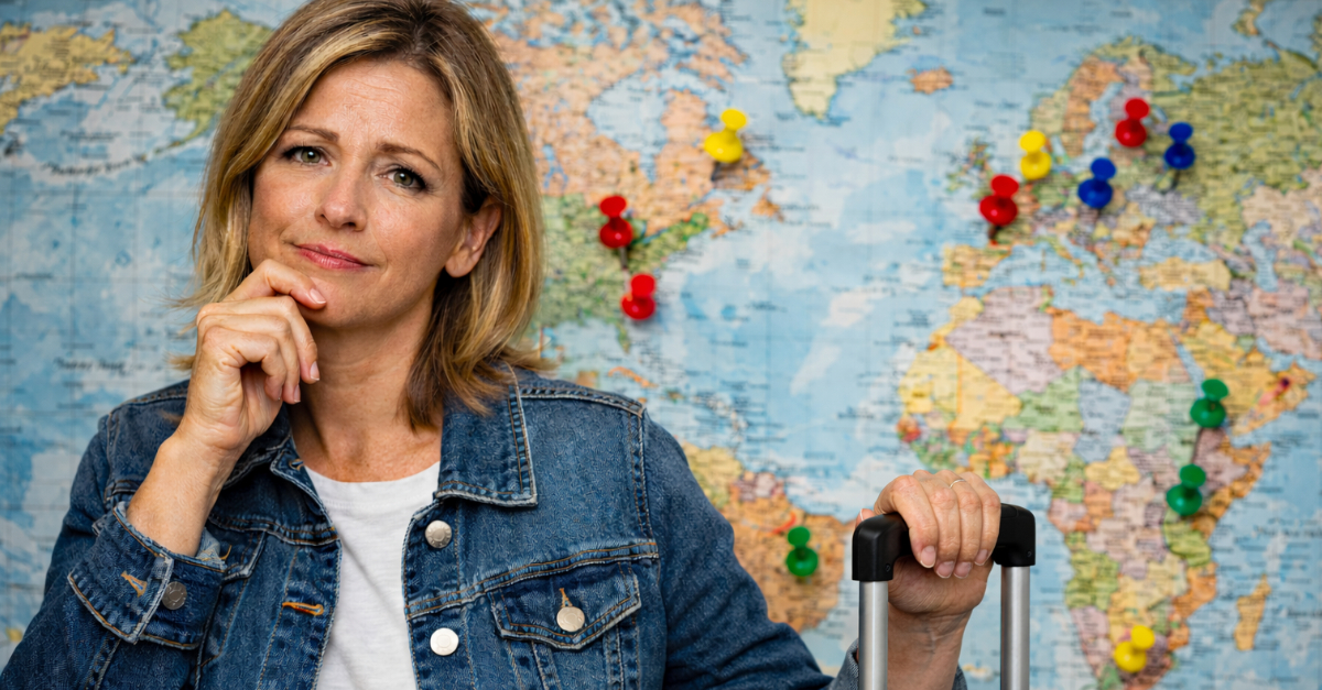 Woman in front of world map