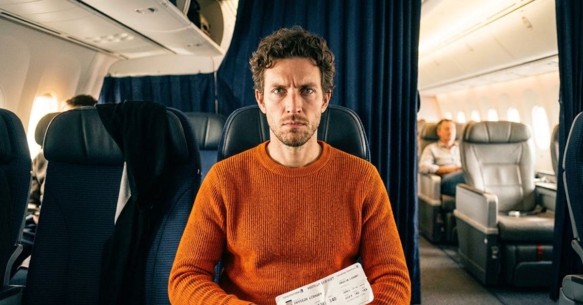 man holding boarding pass inside airplane