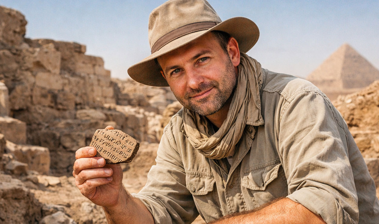 AI-generated image of an archaeologist with an ancient Egyptian ostraca