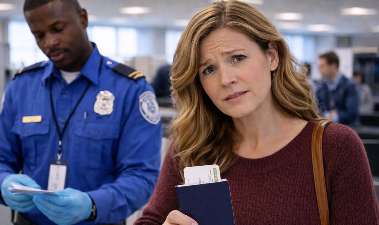 AI-generated image of a woman concerned about her boarding pass and TSA