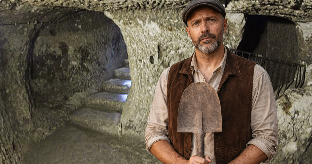 A man with a shovel standing in front of the Derinkuyu Underground City