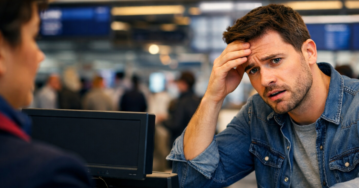 Man frustrated at airport counter