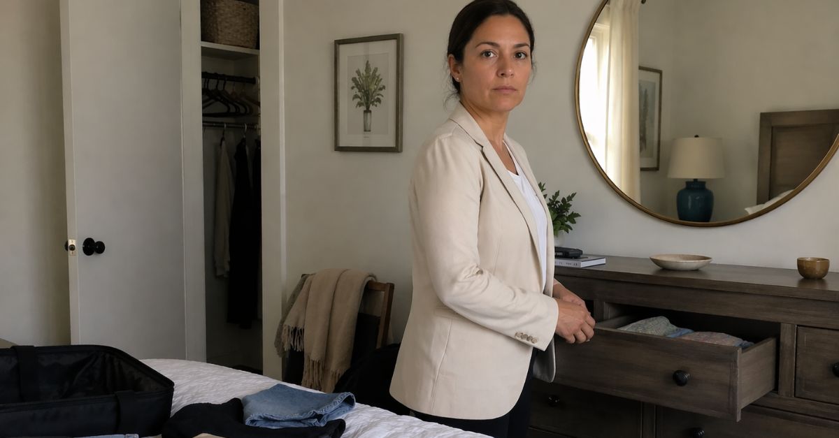Neutral-toned bedroom in a moment of transition