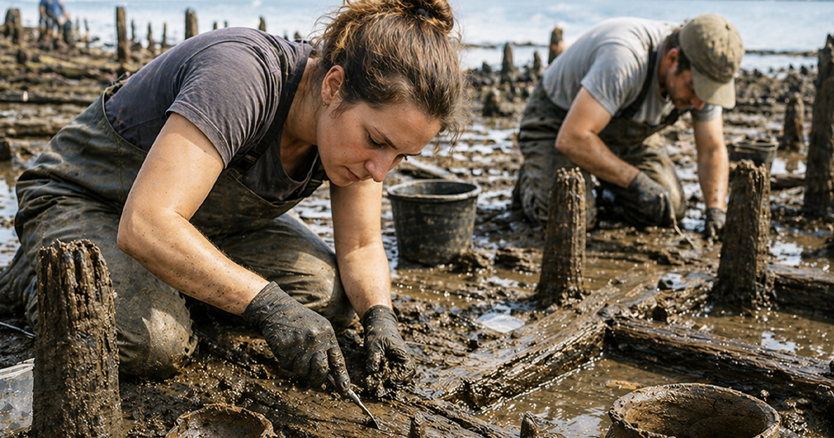 Archaeologists digging on a shoreline.