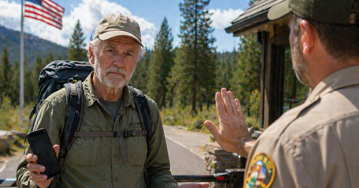 Older male hiker being turned away by a park ranger.