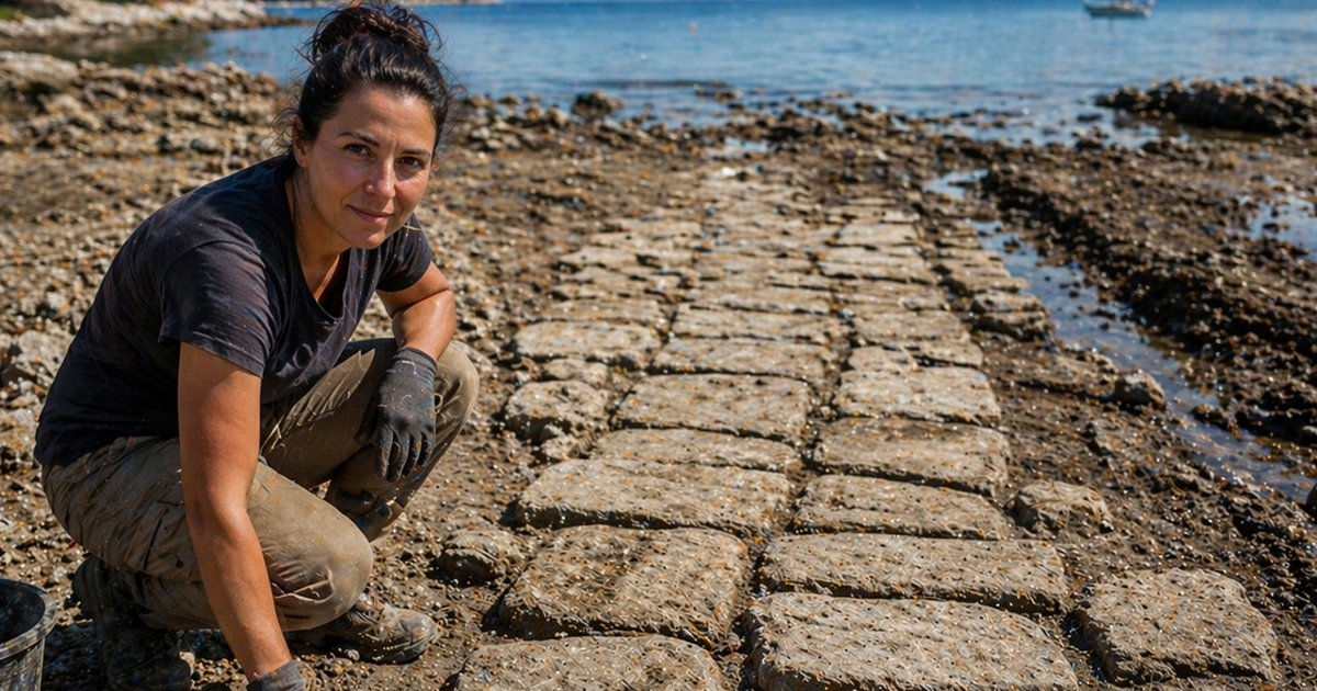 Archaeologist kneeling beside an ancient roadway.