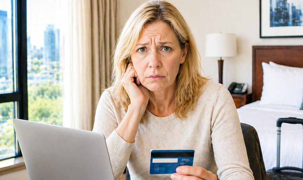 AI-generated image of a woman concerned about hacking via the hotel Wi-Fi.