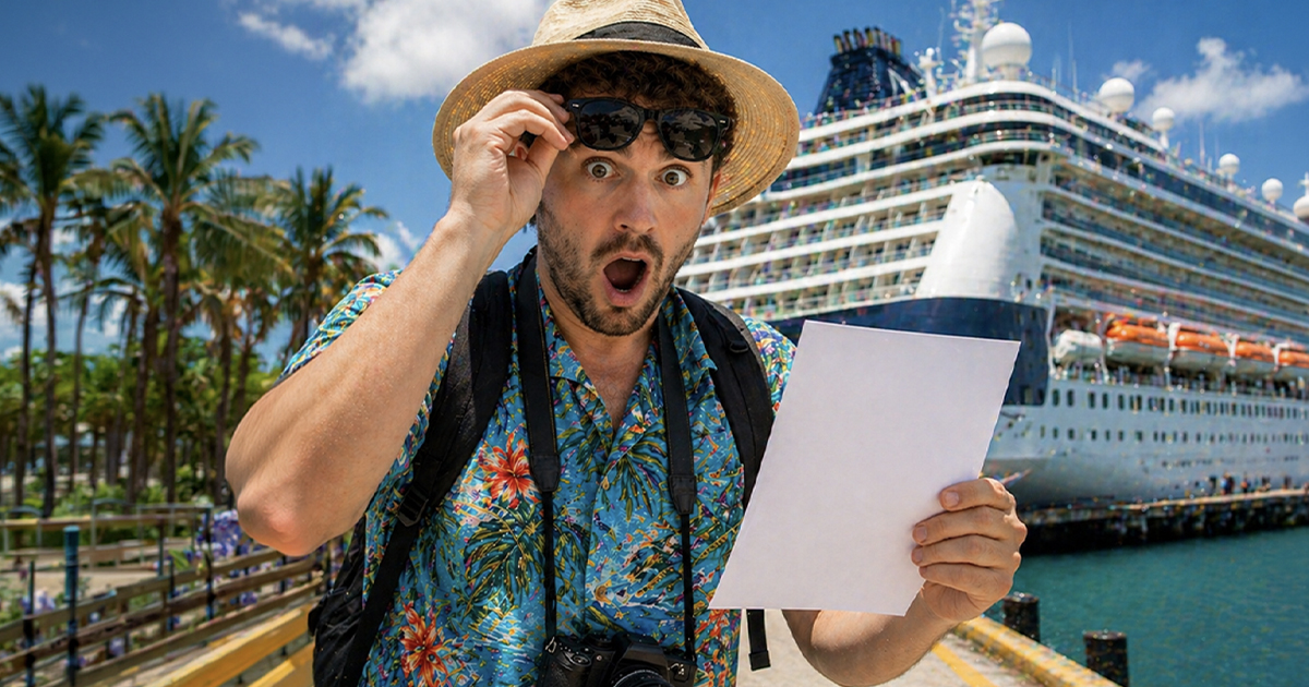 Shocked tourist looking at a cruise ship bill.