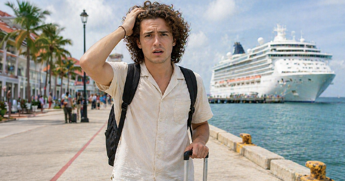 A confused young man standing in front of a cruise ship.