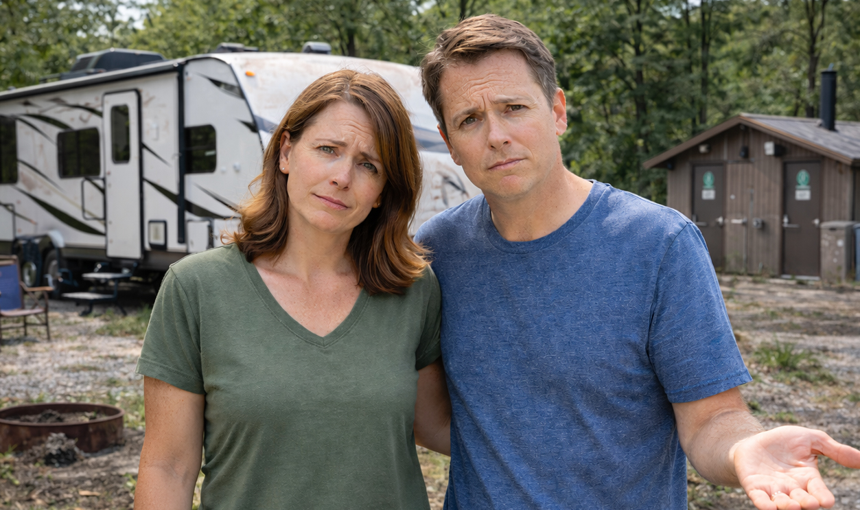 AI-generated image of a couple upset about their RV reservation gone wrong.