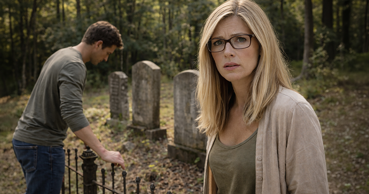 Concerned woman at a rural burial site.