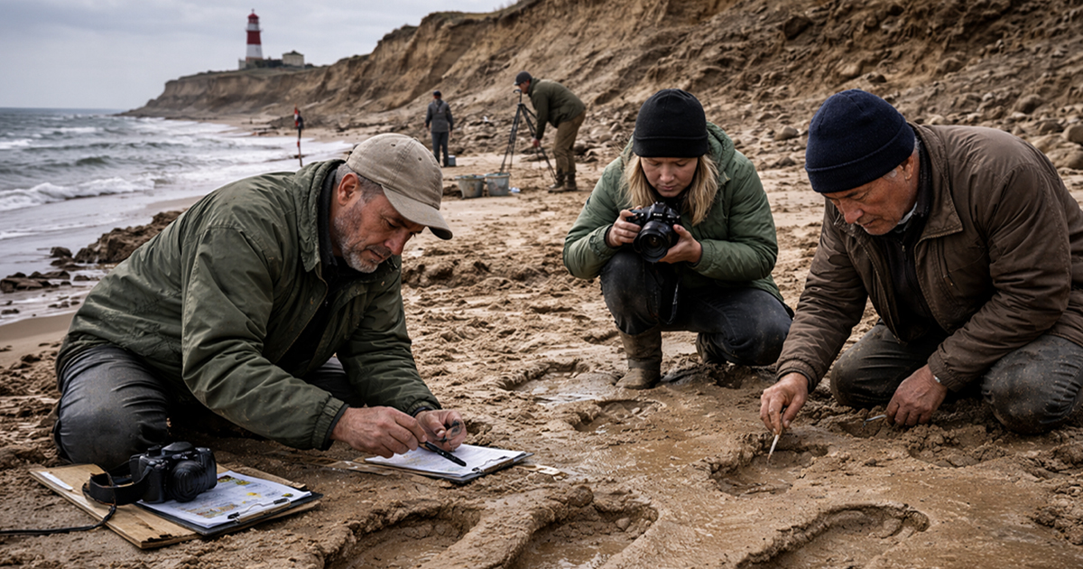 Researchers in England examining ancient human footprints on a beach.