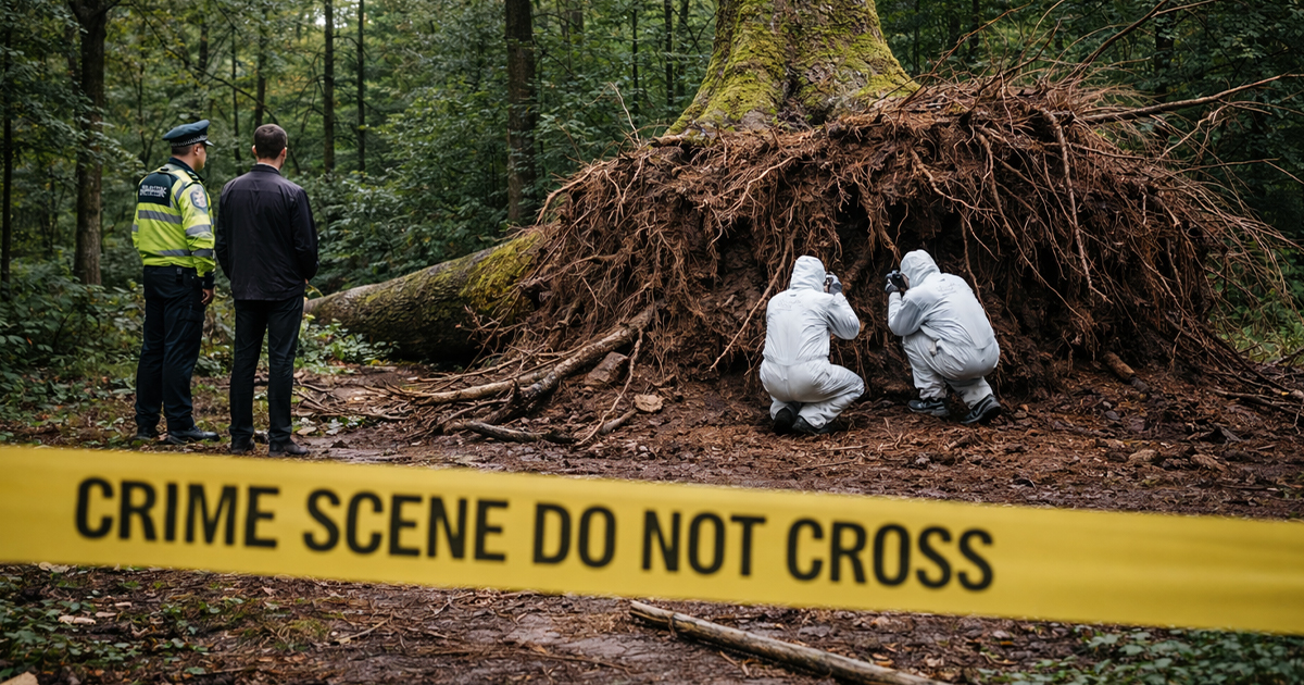 Authorities investigating a forest crime scene.