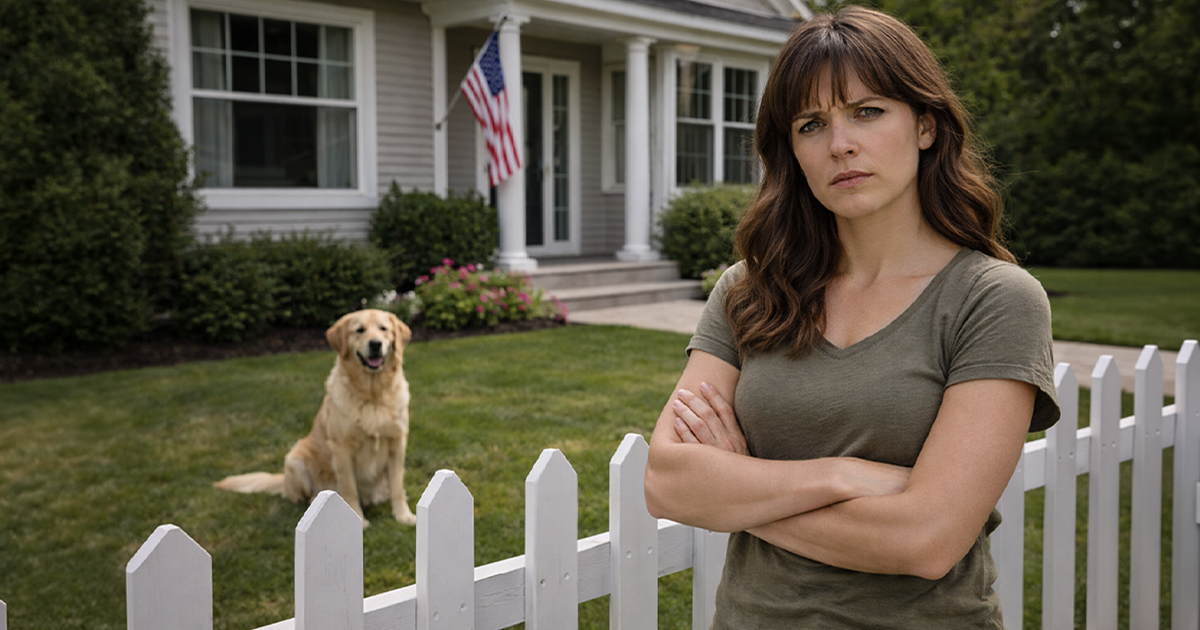 Brunette woman with arms crossed standing in front of a white house with a dog.