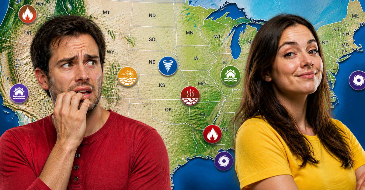 US map nervous man confident woman