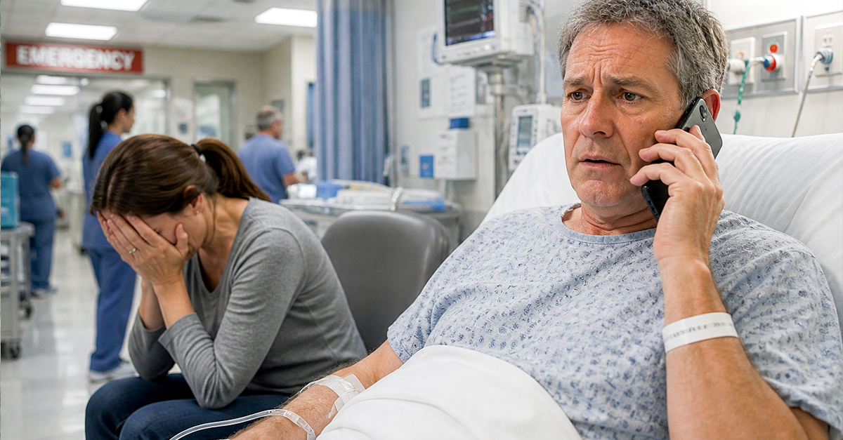 A man and his wife in an emergency room. He's in a hospital bed, on the phone.