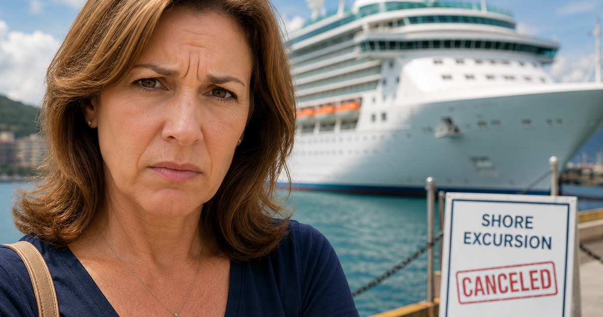 Concerned woman standing in front of a cruise ship.