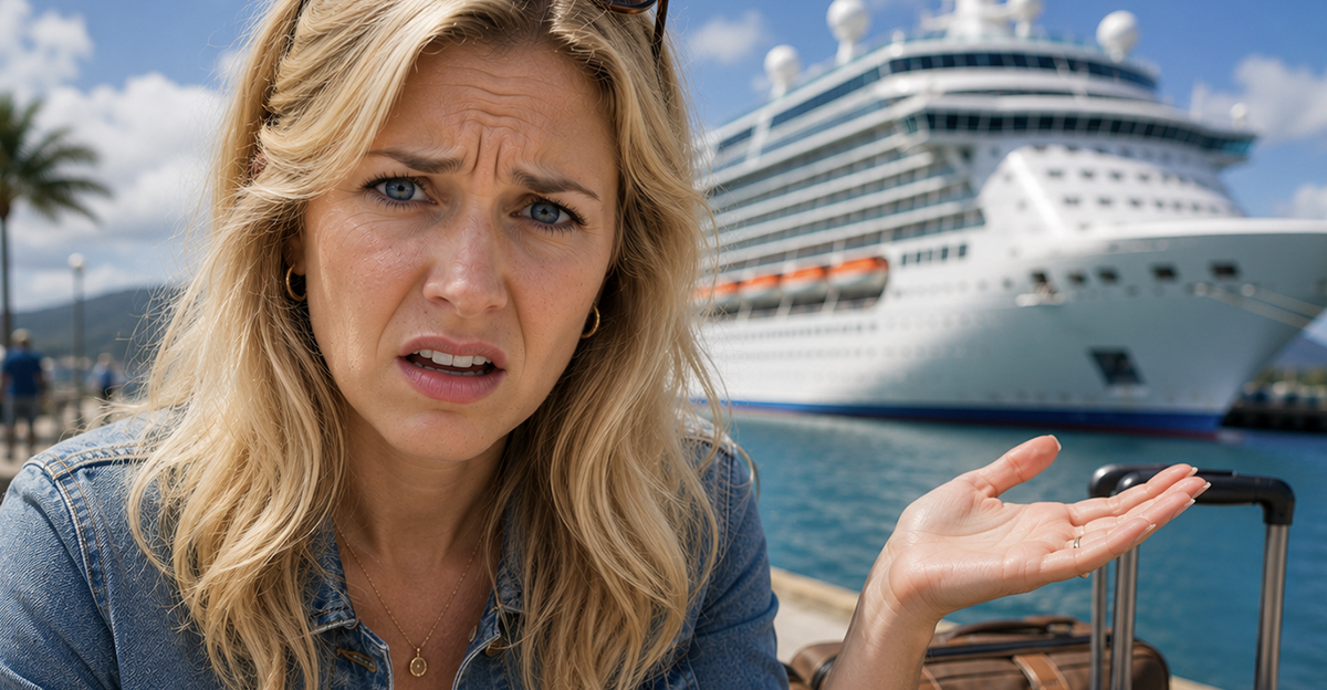 Confused blond woman standing in front of a cruise ship.