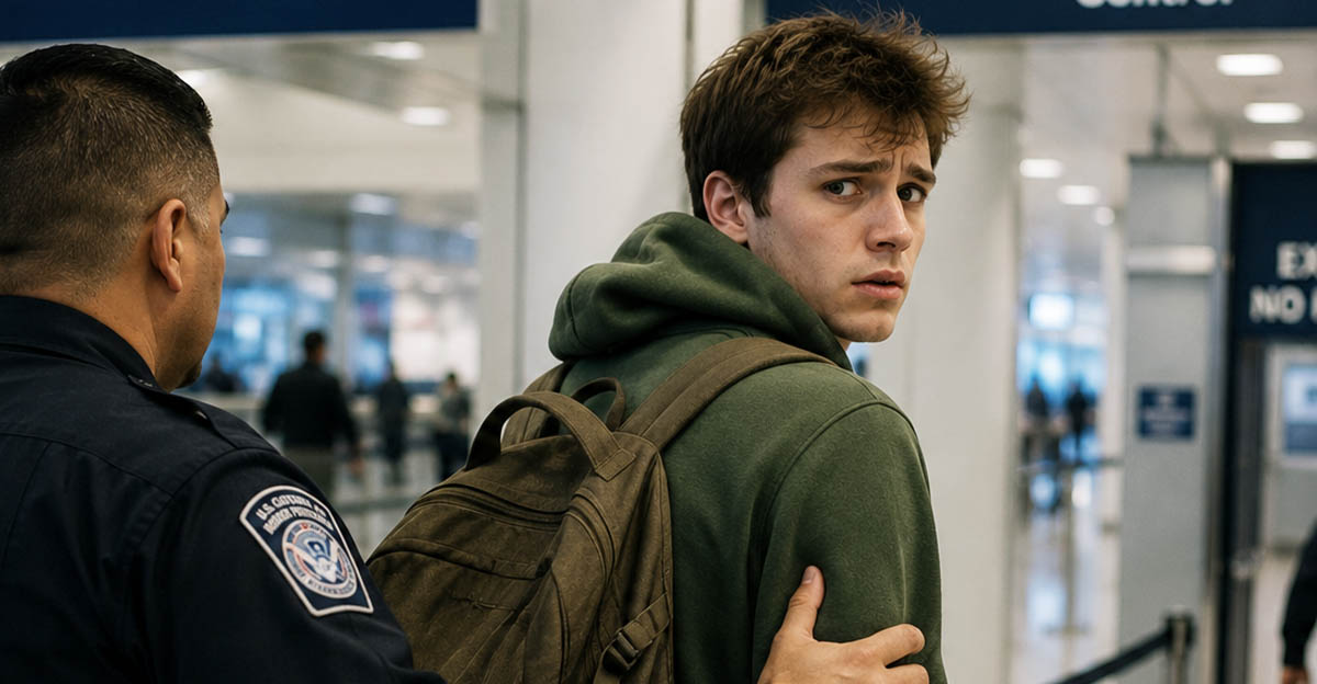 AI-generated image of a young man having issues with his travel visa.