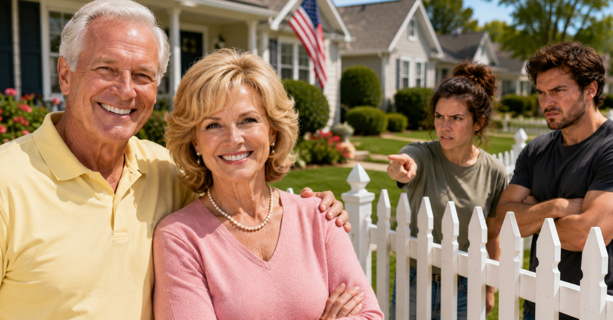 happy baby boomer couple, angry younger gen couple