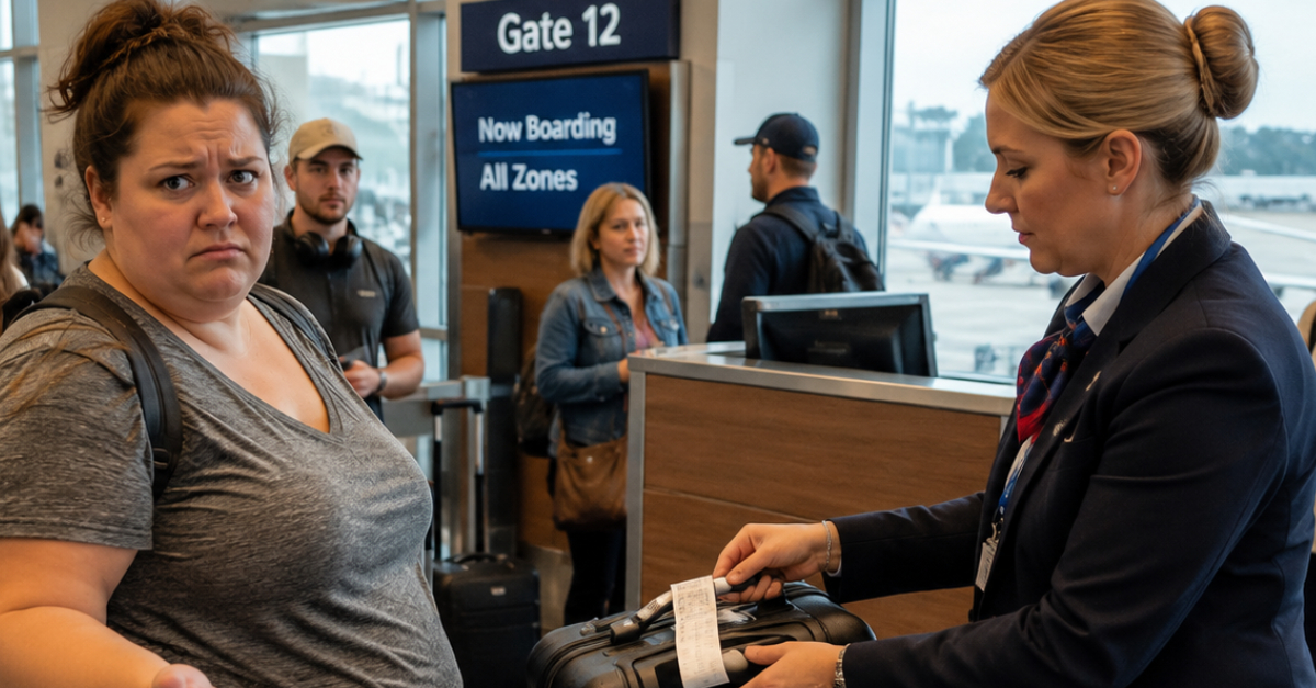 Overweight woman forced to check carry-on bag