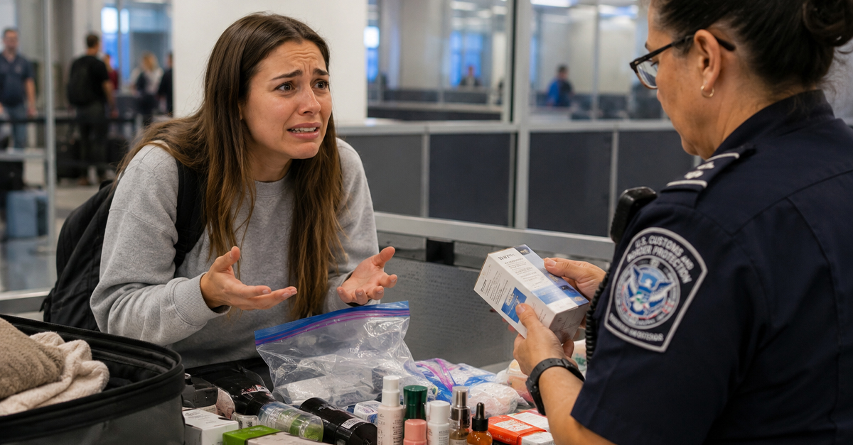 Young girl having items confiscated at customs.