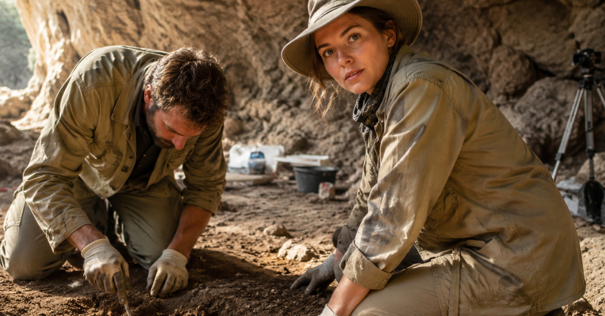 Archeologists examining cave dirt