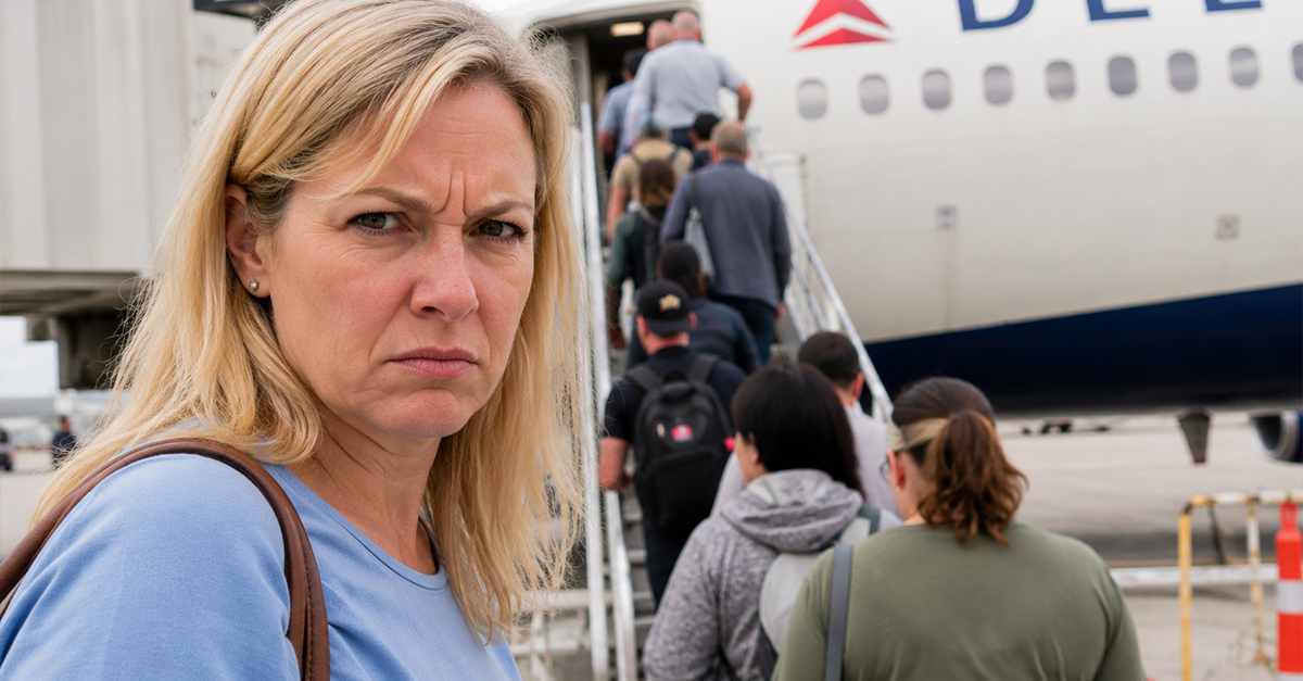 Middle-aged woman looking angry because she paid for priority boarding but others are boarding before her.
