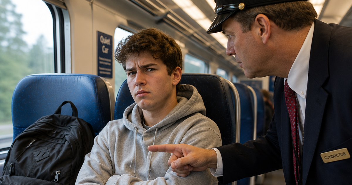 Young man on a train being told to move his backpack.
