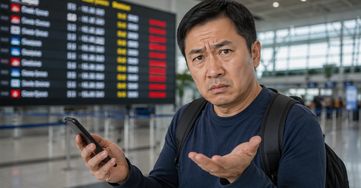 Asian man holding phone in airport