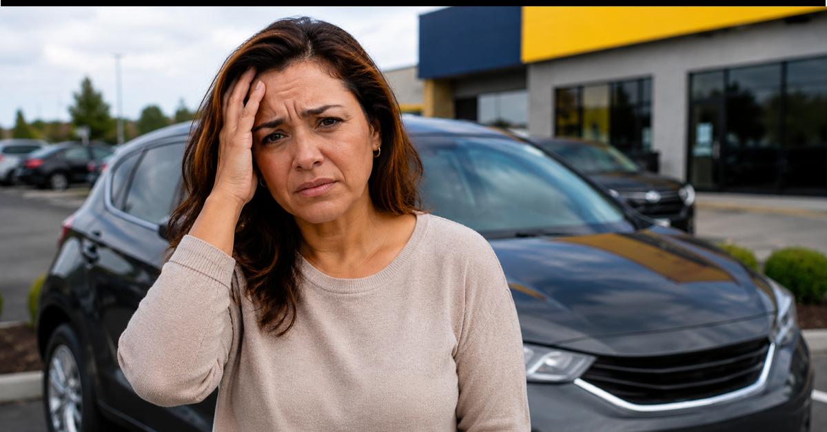 woman standing in front of rental car